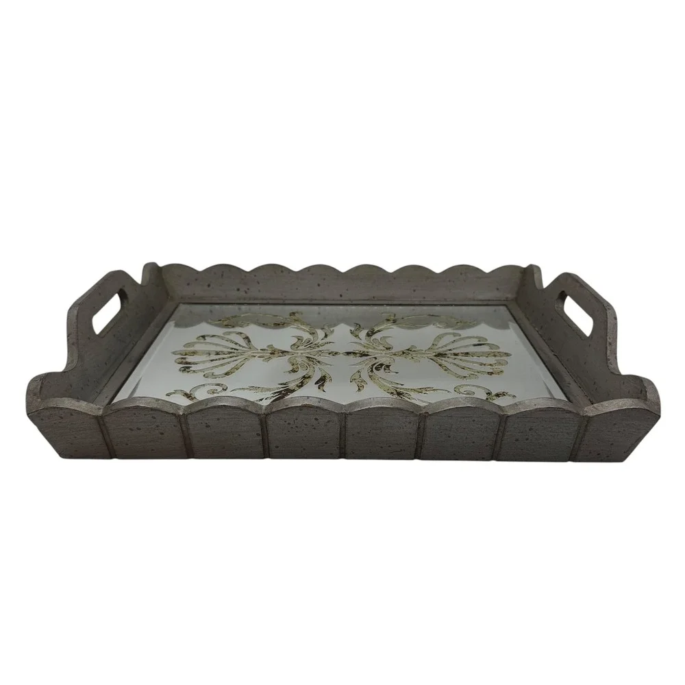 Decorative Mirrored Serving Tray Gray Wood Gold Scroll‎ Accent Handles
